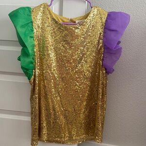 Gold Sequin Top with Green and Purple Ruffle Sleeves